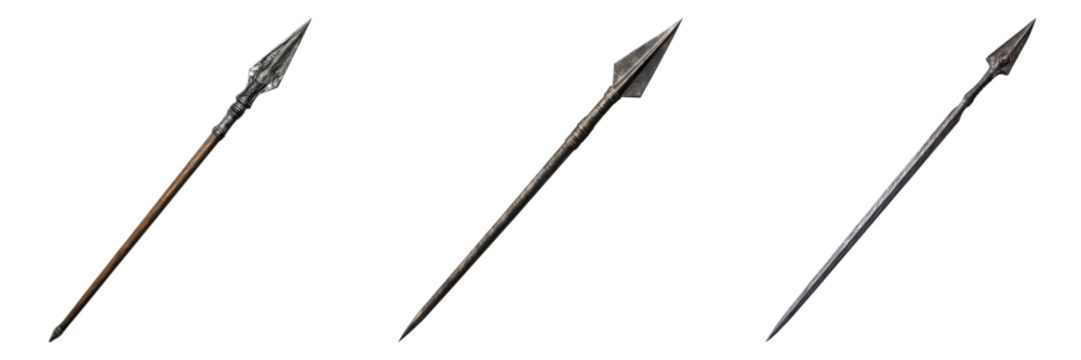 Three spears with sharp spearhead. Each spear exhibits distinct details of design and finish