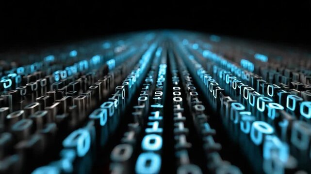 Digital Code Pathway: An abstract, high-tech image showcases a river of binary code, representing data flowing, illuminated with a cool blue hue.