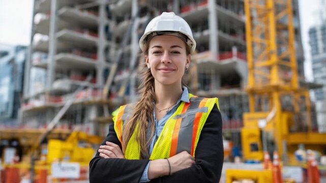 Architectural Triumph: An engineer stands confidently on a bustling construction site. The image shows architectural and engineering prowess.