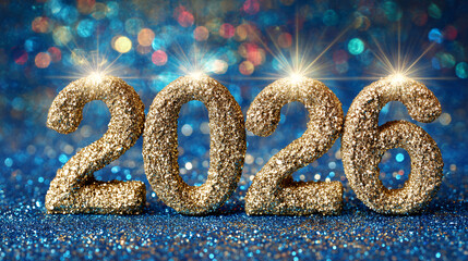Sparkling 2026 New Year's celebration with glittery gold numerals festive and bright