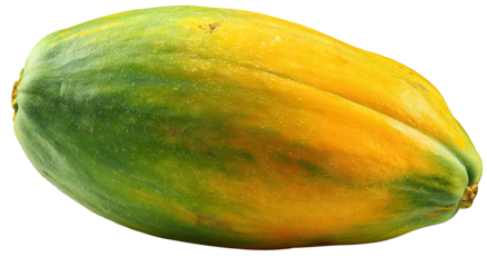A vibrant partially ripe papaya fruit against a dark background