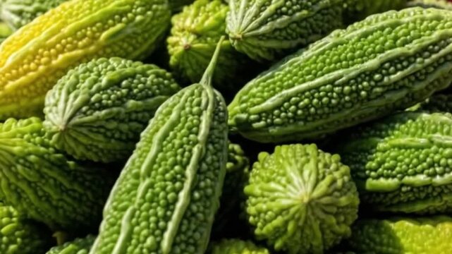 A pile of Bitter melons with distinctive bumpy skin varying in colors from green to yellow