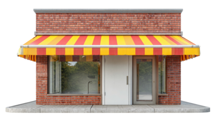 A small brick storefront with a vibrant striped awning depicted