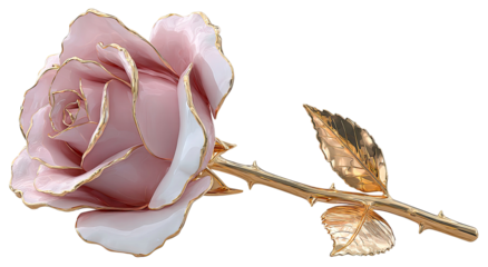 A delicate pink rose with golden edges and stem detail