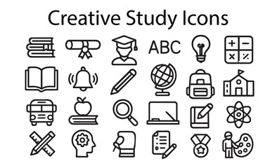 Creative Study and E-learning Outline Icons Set. Education and School Line Symbols.
