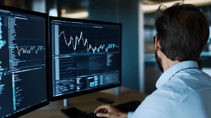 Man viewing financial chart multiple monitors confident man with glasses analyzing stock charts - Powered by Adobe