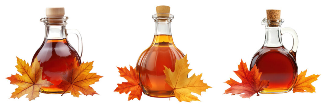 Three glass bottles filled with maple syrup alongside autumn leaves, showcasing a natural theme - Powered by Adobe