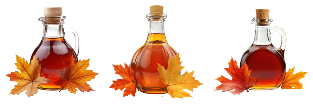 Three glass bottles filled with maple syrup alongside autumn leaves, showcasing a natural theme