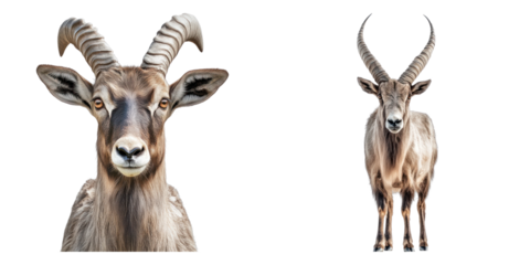 Close-up of a goat looking directly at the viewer, showing impressive curved horns. The goat displays a noble bearing and powerful presence, its gaze captivating the audience