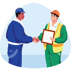 Two construction workers in hard hats shaking hands in agreement with one holding a clipboard and document on a light blue circular background