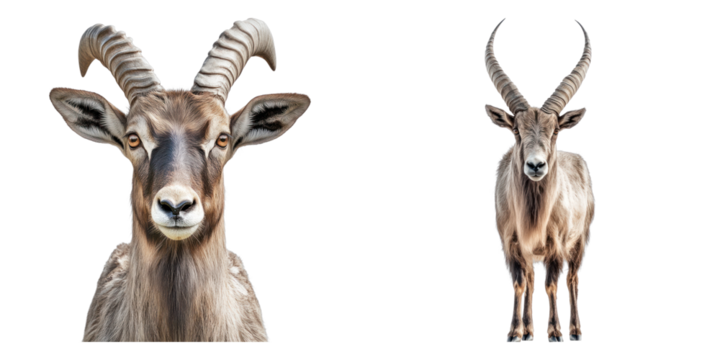 Close-up of a goat looking directly at the viewer, showing impressive curved horns. The goat displays a noble bearing and powerful presence, its gaze captivating the audience