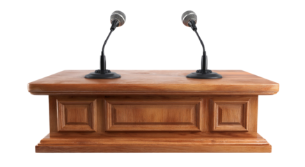 Three vintage microphones on a wooden podium against black background