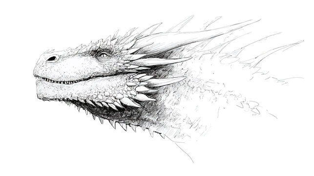 Detailed fantasy dragon head sketch illustration. Mythical creature profile drawing with scales, horns, and sharp features in monochrome.