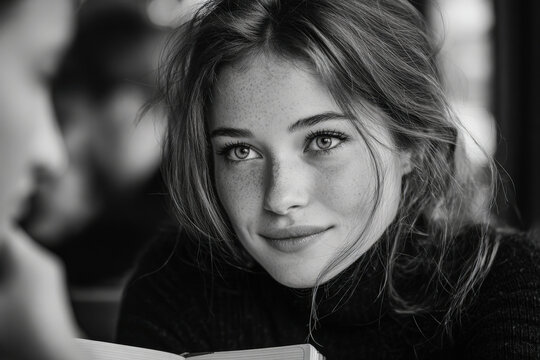 Two colleagues sharing feedback by a window with open notepad and empathetic eye contact - Powered by Adobe