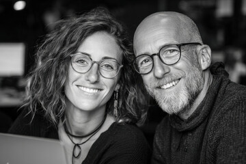 Team celebrating success with trophy and open laptop showing dashboard