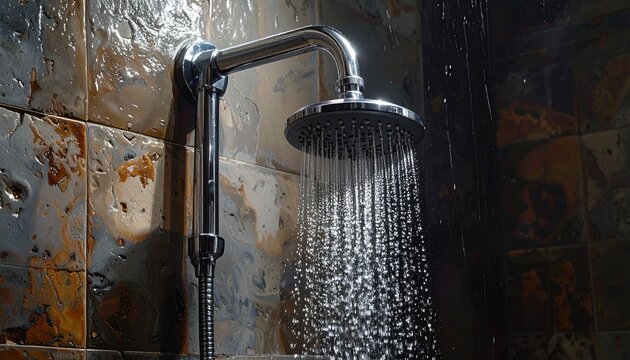 A chrome-finished showerhead mounted on a curved arm releases fine water streams. Dark background enhances the shine and clarity, showcasing modern bathroom design and functionality. - Powered by Adobe