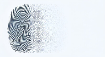 Biometric security concept: Fingerprint fading into digital data and pixels.