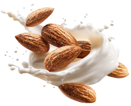 Almonds splashing into creamy white milk a delightful food photography