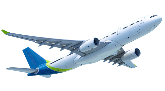 A passenger airplane ascending into the sky wings spread wide