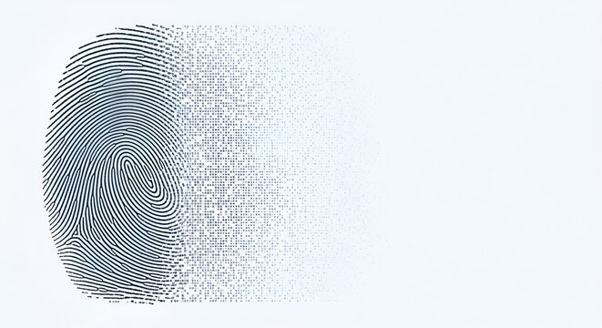 Biometric security concept: Fingerprint fading into digital data and pixels.