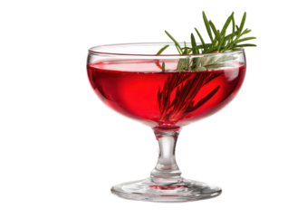 A vibrant red cocktail in a coupe glass with rosemary garnish