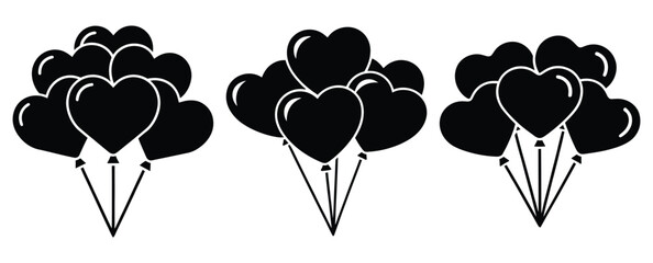 heart balloon bunch silhouette Valentine icon set,Black color simple Vector icons