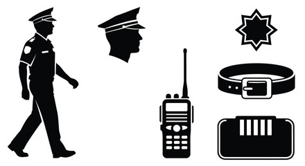 Silhouette illustration of a police officer and equipment set editable vector file