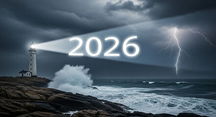 Lighthouse with light beam displaying 2026 year on stormy ocean background, suggesting future forecast or goal-setting under challenging conditions