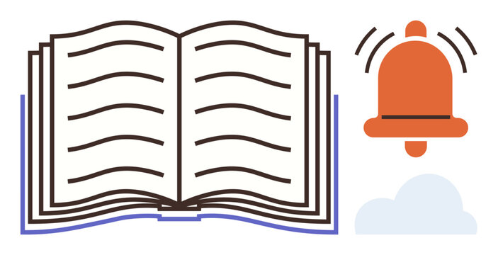 Open book with alarm bell and cloud icon representing learning, reminders, digital storage, education, communication, security, and system notifications. Ideal for simple flat metaphor