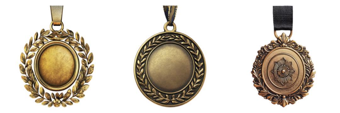 Collection of three golden medals, each with a unique design, ready for recognition. They are symbols of achievement and victory, each holding potential significance