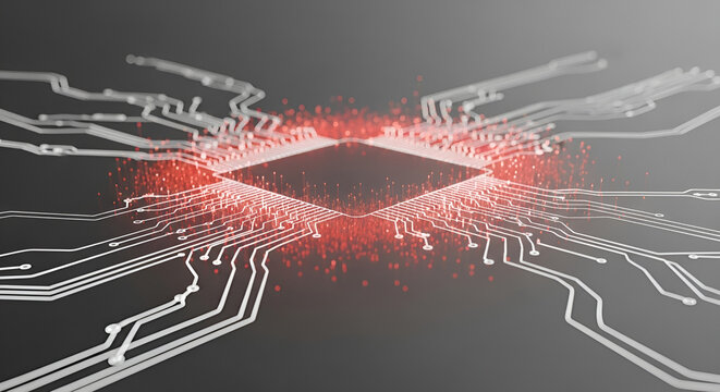 Central processing unit with illuminated circuit paths and intense red light.