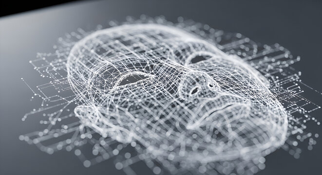 Wireframe mesh of a human face illustrating artificial intelligence and data.