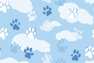 Cute dog foot trace, paw prints on colourful seamless pattern with light blue Sky and white cloud on background, Seamless pattern for fabric, textiles, clothing, illustration, abstract background