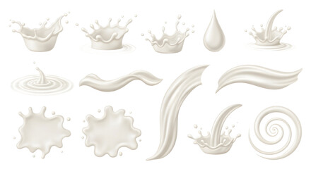 Isolated milk splashes and drops in various shapes on white background with transparent background