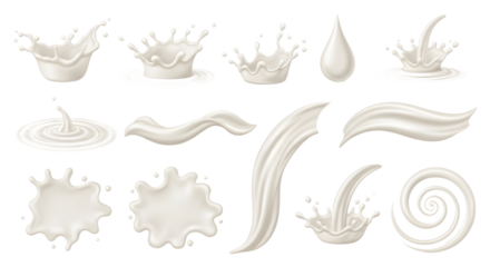Isolated milk splashes and drops in various shapes on white background with transparent background