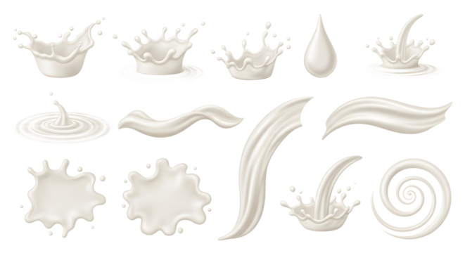 Isolated milk splashes and drops in various shapes on white background with transparent background