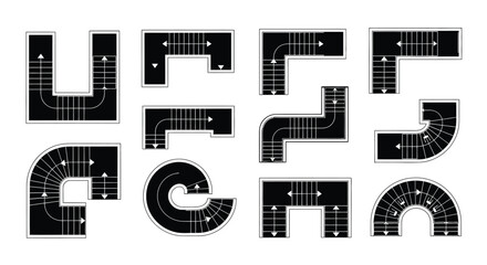 Top view of various staircase layouts on a white background editable vector file