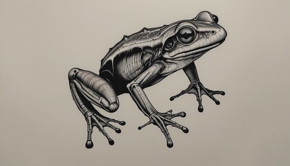 Striking ink drawing of a detailed frog with intricate textures and shading, perfect for nature illustrations or scientific publications, a unique amphibian