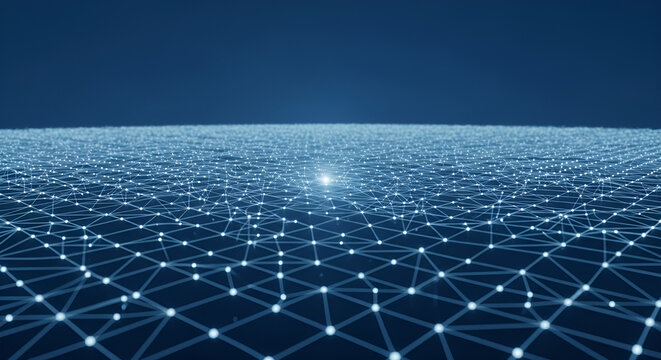 Abstract digital network grid with connected glowing points on a dark background.