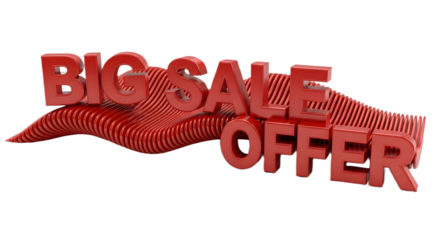 A red big sale offer text on a red striped platform on white background with transparent background