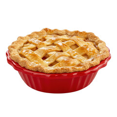 A freshly baked apple pie in a red dish. a golden-brown lattice crust. set against a clean white background. perfect for culinary presentations or dessert recipes