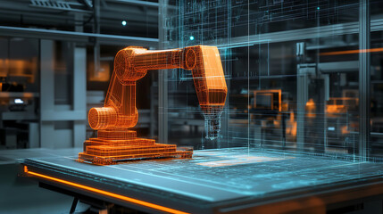 A robot is on a table with a computer screen behind it. The robot is orange and has a black head