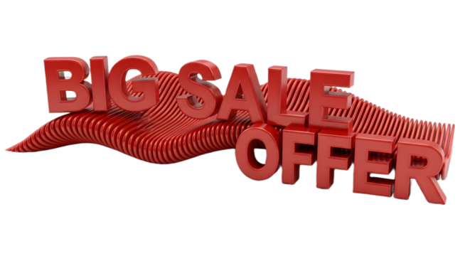 A red big sale offer text on a red striped platform on white background with transparent background