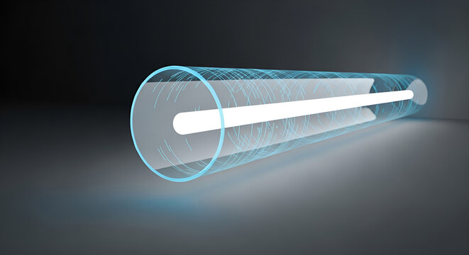 Digital data moving rapidly inside a futuristic glowing fiber optic tunnel.