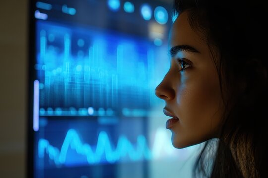 Woman analyzing data on a large screen with graphs in a dark room. Blue neon lighting creates an atmosphere of futuristic analysis, technology and concentration. Copy space
