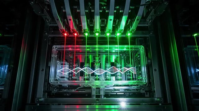 Discovering intricate DNA strands with a state-of-the-art DNA sequencing machine and colored lasers illuminating the sample