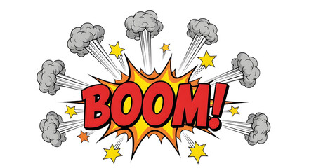 Cartoon explosion with the word boom in red and yellow colors with transparent background