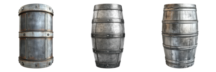 Three rustic metallic barrels, each with its unique details, lined up against a seamless backdrop. The textured surfaces of the barrels offer a glimpse into the craftsmanship