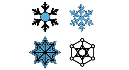 Four snowflake designs in blue and black on a white background editable vector file