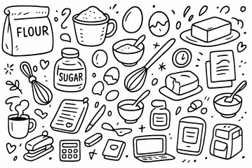 Hand-drawn doodle vector collection of baking ingredients, illustrated in a fun, playful, sketchy doodle style, isolated on white background
